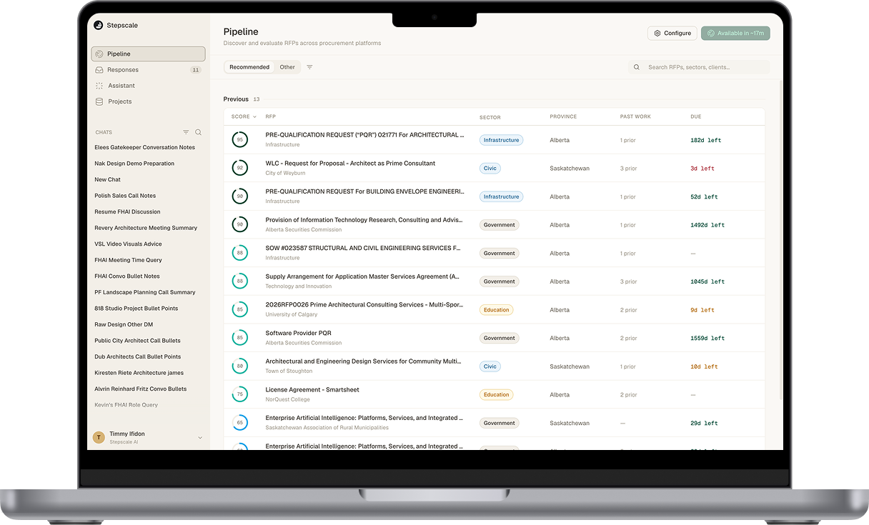 Stepscale Pipeline — discover and evaluate RFPs across procurement platforms